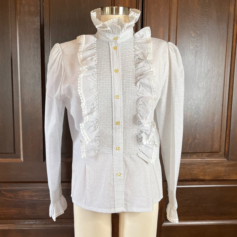 Vintage Women's Ruffled Blouse Top Micro Dot Prairie Victorian High Neck S/M